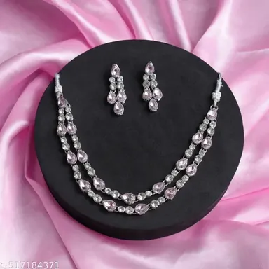 Luxury Silver Plated Cubic Zirconia Two |Layer Necklace for Weddings, Bridal Statement Necklace with Adjustable Size | Glamorous Jewelry for Special Occasions thumbnail 1