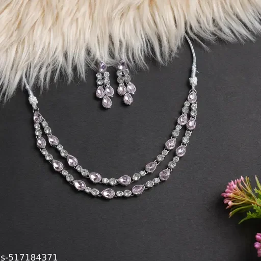 Luxury Silver Plated Cubic Zirconia Two |Layer Necklace for Weddings, Bridal Statement Necklace with Adjustable Size | Glamorous Jewelry for Special Occasions image 1