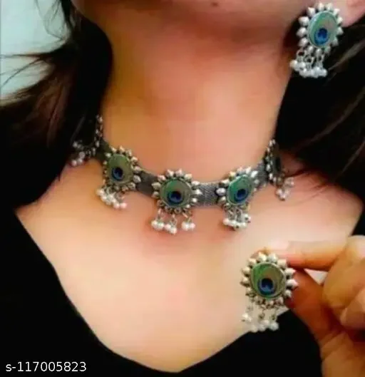 Peacock Meena Choker with Two Earrings | Oxidised Silver Adjustable Alloy Necklace, Traditional Indian Bridal Jewelry image 1