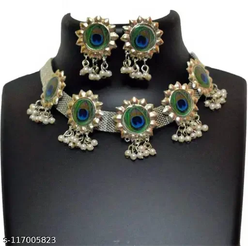 Peacock Meena Choker with Two Earrings | Oxidised Silver Adjustable Alloy Necklace, Traditional Indian Bridal Jewelry image 2