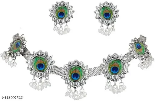 Peacock Meena Choker with Two Earrings | Oxidised Silver Adjustable Alloy Necklace, Traditional Indian Bridal Jewelry image 3