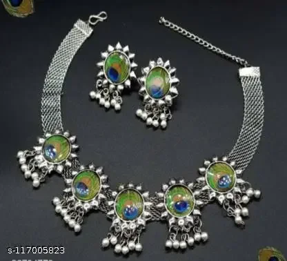 Peacock Meena Choker with Two Earrings | Oxidised Silver Adjustable Alloy Necklace, Traditional Indian Bridal Jewelry image 4