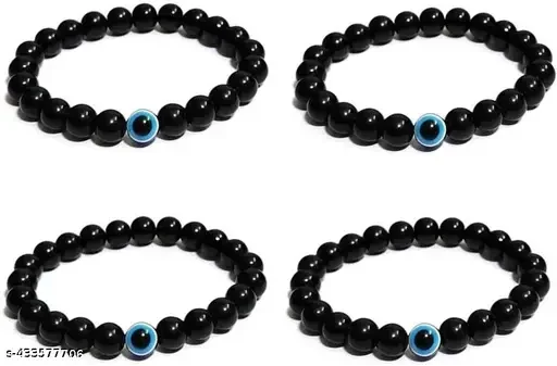 Evil Eye Black Beads Onyx Protective Bracelet with Greek Blue Oval Eye | Adjustable Energy Healing Bracelet for Men, Women, image 1