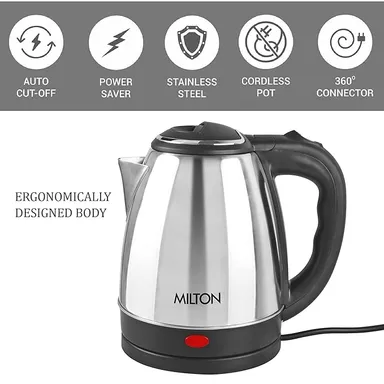 Milton Euroline Go Electro 1.5 L Stainless Steel Electric Kettle – 1500 W Fast Boil | Auto Shut-Off | 360° Swivel Base (Silver) thumbnail 2
