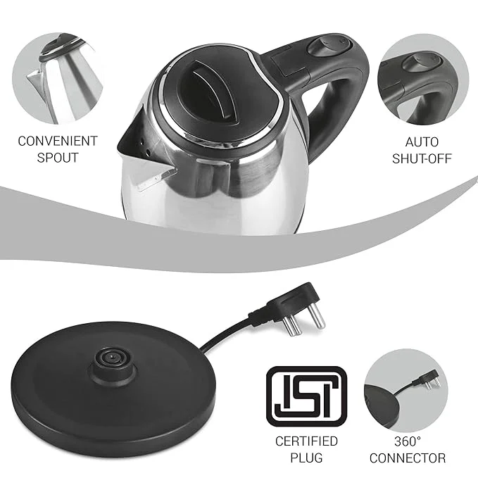 Milton Euroline Go Electro 1.5 L Stainless Steel Electric Kettle – 1500 W Fast Boil | Auto Shut-Off | 360° Swivel Base (Silver) image 4