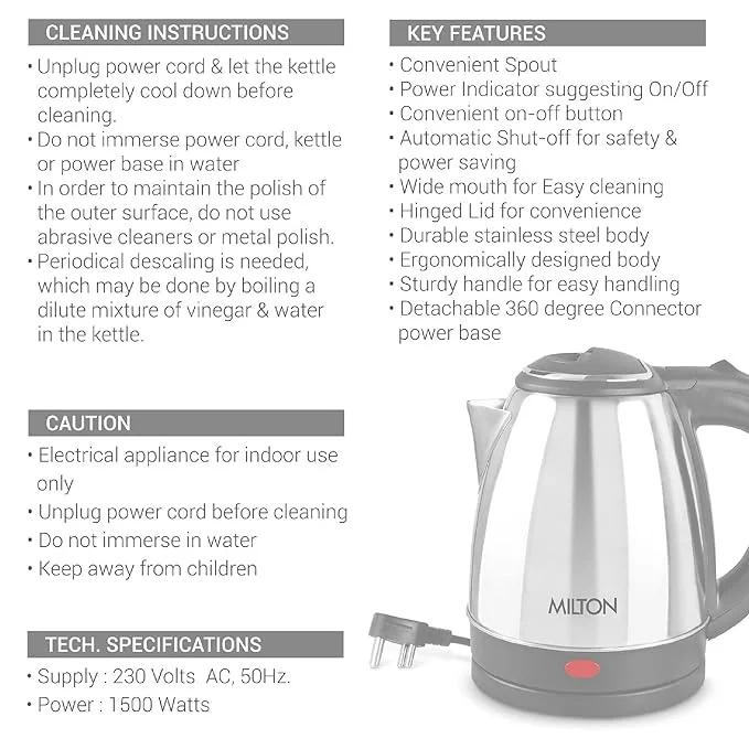 Milton Euroline Go Electro 1.5 L Stainless Steel Electric Kettle – 1500 W Fast Boil | Auto Shut-Off | 360° Swivel Base (Silver) image 5