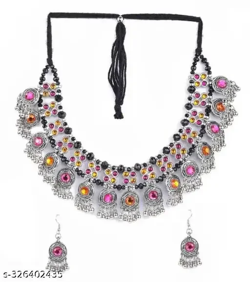 Trendy Jewellery Necklace Set for Girls and Women with AD |Oxidised Silver Alloy Adjustable Necklace Set image 1