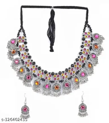 Trendy Jewellery Necklace Set for Girls and Women with AD |Oxidised Silver Alloy Adjustable Necklace Set thumbnail 0