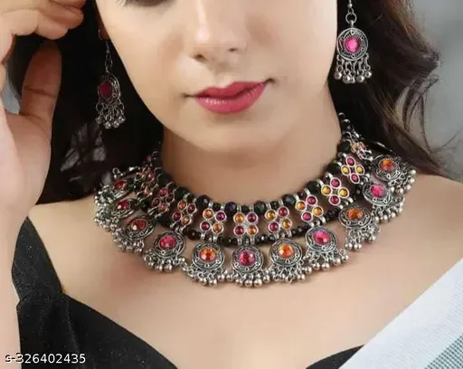 Trendy Jewellery Necklace Set for Girls and Women with AD |Oxidised Silver Alloy Adjustable Necklace Set image 2