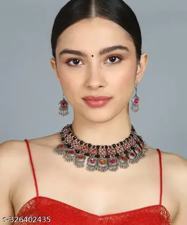 Trendy Jewellery Necklace Set for Girls and Women with AD |Oxidised Silver Alloy Adjustable Necklace Set thumbnail 3