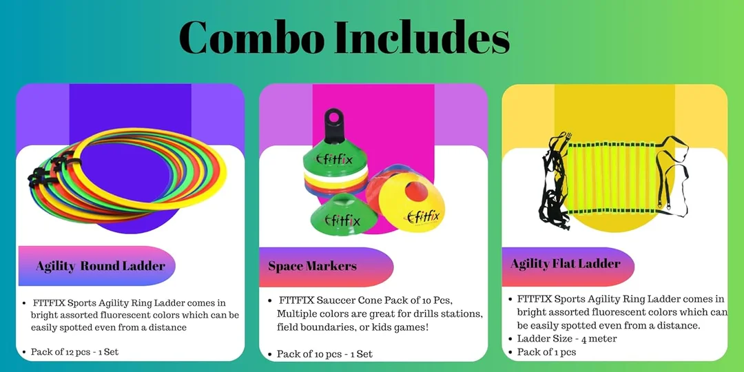 Fitfix® Premium Agility Training Bundle|12-Piece Ring Ladder Set, 4 & 10 Saucer Cones Combo Pack for Agility & Sports Training image 2