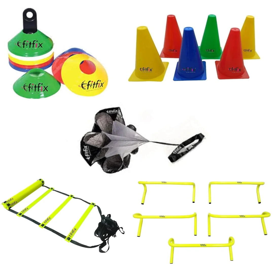 Fitfix® Speed Agility Ladder 4m, Training Flat Agility Hurdles 6.0 Inch (Qty 5) | Soccer Cone Markers Pack of 10, Nylon Fabric 40 inch Speed Chute for Soccer Training Equipment image 1