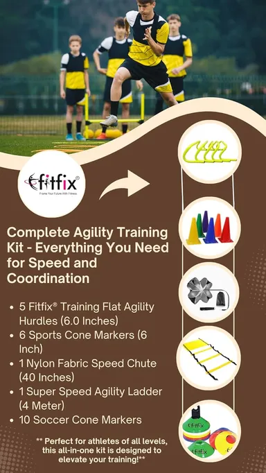 Fitfix® Speed Agility Ladder 4m, Training Flat Agility Hurdles 6.0 Inch (Qty 5) | Soccer Cone Markers Pack of 10, Nylon Fabric 40 inch Speed Chute for Soccer Training Equipment thumbnail 1
