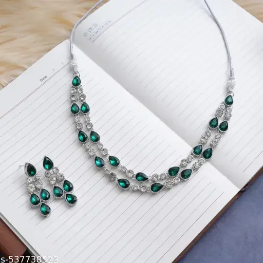 Luxury Two Layer Silver Plated Cubic Zirconia Necklace | Bridal Statement Jewelry for Weddingsn Glamorous Occasion Jewelry image 1