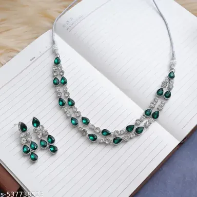 Luxury Two Layer Silver Plated Cubic Zirconia Necklace | Bridal Statement Jewelry for Weddingsn Glamorous Occasion Jewelry thumbnail 0