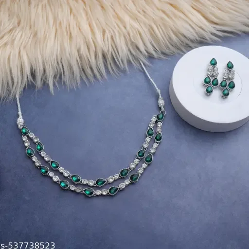 Luxury Two Layer Silver Plated Cubic Zirconia Necklace | Bridal Statement Jewelry for Weddingsn Glamorous Occasion Jewelry image 2