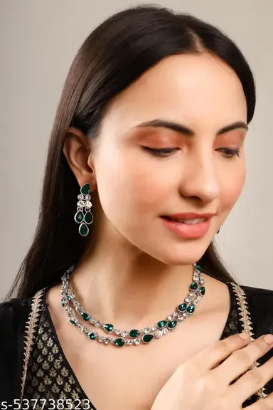 Luxury Two Layer Silver Plated Cubic Zirconia Necklace | Bridal Statement Jewelry for Weddingsn Glamorous Occasion Jewelry thumbnail 2