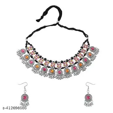 EIT Collection Fancy Choker Combo Jewellery Set for Women and Girls | Oxidised Silver Necklace & Earrings, Adjustable Alloy Jewellery Set with Artificial Stones thumbnail 0