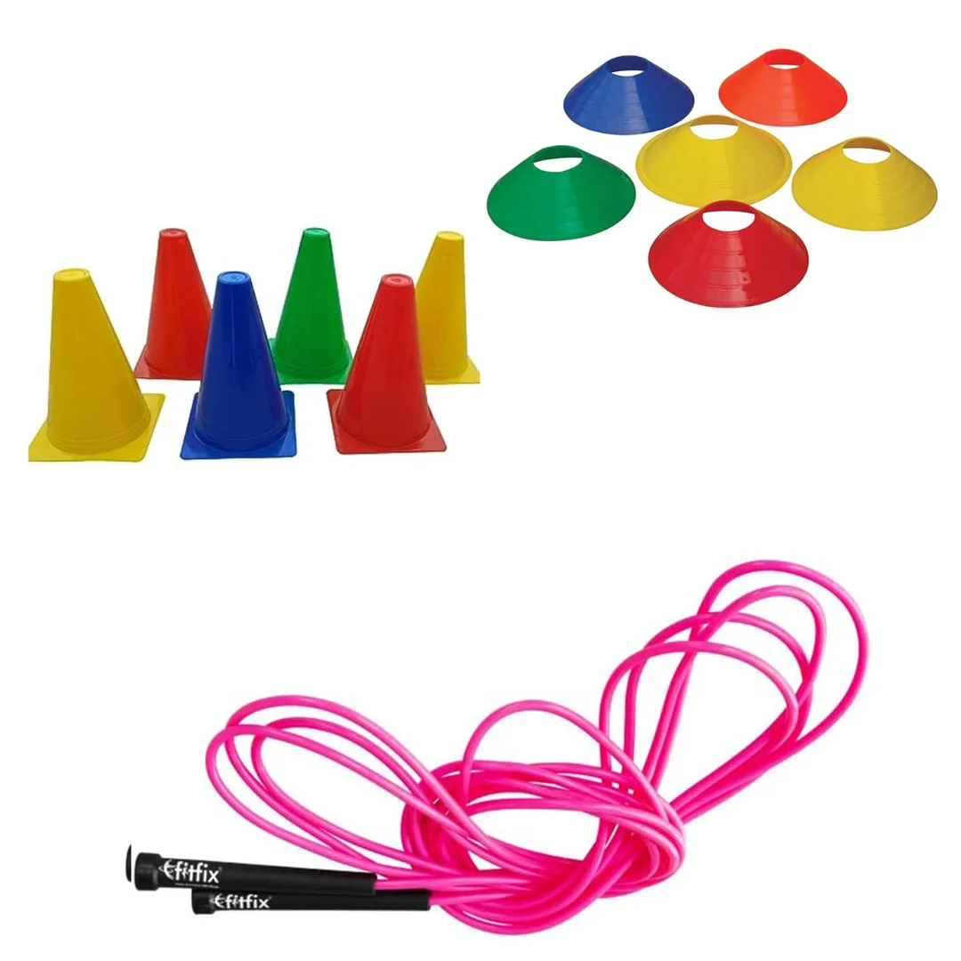 Training Cones and Skipping Rope Combo for Fitness |Marker Cone 6 Inch 6 Pcs |Space Marker Cones 20 Pcs |Skipping Rope 9 Ft image 1