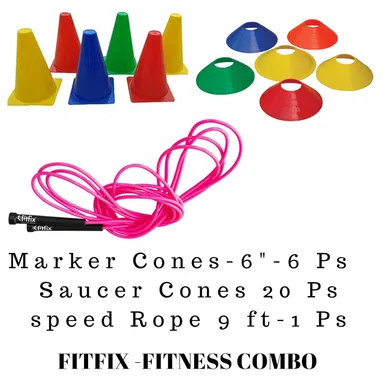 Training Cones and Skipping Rope Combo for Fitness |Marker Cone 6 Inch 6 Pcs |Space Marker Cones 20 Pcs |Skipping Rope 9 Ft thumbnail 1