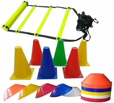Fitfix® Super Speed Agility Ladder 4 Meter with 6 Inch Cone Markers (Pack of 10) & Double Toning Tube Resistance (1 Meter) | Football and Soccer Training Kit