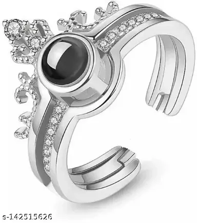 Stainless Steel I Love You Ring 100 Languages Silver Plated Cubic Zirconia Double Ring for Women thumbnail 1
