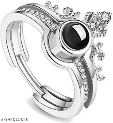 Stainless Steel I Love You Ring 100 Languages Silver Plated Cubic Zirconia Double Ring for Women thumbnail 3
