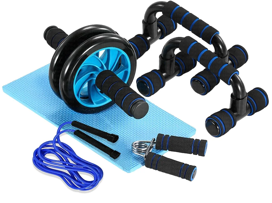 Fitfix® Ultimate Fitness Combo | Push Up Bar Set, Skipping Rope, Anti-Skid Ab Wheel, V Shaped Hand Gripper | Complete Fitness Equipment Set for Home Workouts image 1