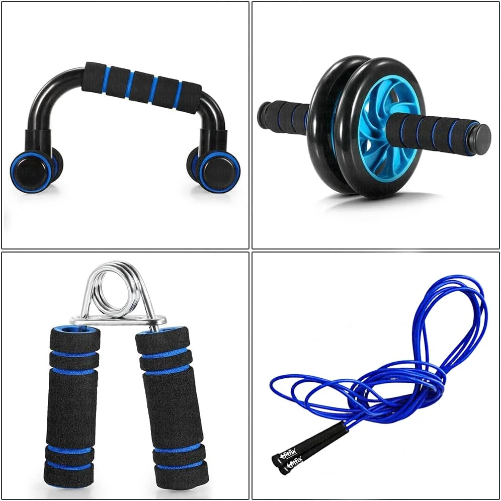 Fitfix® Ultimate Fitness Combo | Push Up Bar Set, Skipping Rope, Anti-Skid Ab Wheel, V Shaped Hand Gripper | Complete Fitness Equipment Set for Home Workouts image 2