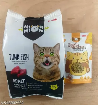 TAIYO Miow Miow Adult Tuna Fish Flavour 1.2kg Dry Cat Food | Complete & Balanced Diet for All Breeds, Premium Tuna with Omega-3 & Omega-6 | Healthy Skin & Coat, Immune Support + Miow Miow Krispy Crackers Biscuits for Cats (Crab Flavor) thumbnail 0