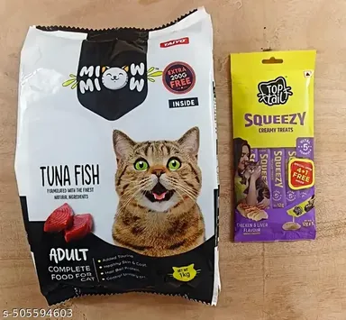 TAIYO Miow Miow Adult Tuna Fish Dry Cat Food 1.2 Kg + Toptail Chicken & Liver Flavor Cat Treats 60g  thumbnail 0
