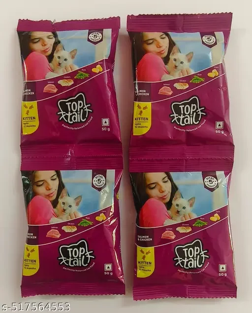 Top Tail Kitten Dry Cat Food | 50 gm (Pack of 4, 200 gm) | Salmon & Chicken, Fortified with Vitamins & Minerals, Best Quality Food for All Cat Breeds | Dry Food for Kittens (1-12 Months) image 1