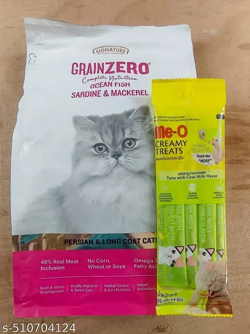 Grain Zero Signature Ocean Fish, Sardine & Mackerel Dry Cat Food 1.2kg for Persian & Long Coat Flavour, & Me O creamy tuna with Goat milk Flavor 60gm, Premium cat food For all cat Breeds image 1