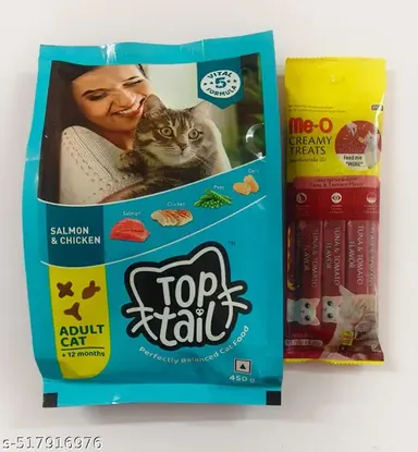 Top Tail Adult Dry Cat Food | 450gm (Above 12 Months) | Premium Salmon & Chicken, All Life Stages, Me-O Creamy Tuna & Tomato Cat Treats 60gm thumbnail 0