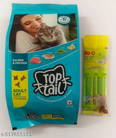Top Tail Adult Dry Cat Food | 1.2kg (Above 12 Months) | Premium Salmon & Chicken Formula | Me-O Creamy Cat Treats | Tuna with Goat Milk Flavor 60gm | Perfect for All Cat Breeds thumbnail 0