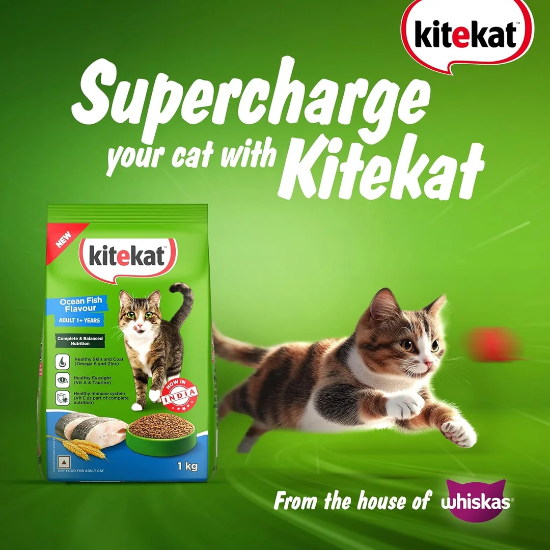 Kitekat Adult Dry Cat Food Ocean Fish Flavour 1kg | Premium Cat Food for All Breeds | Me-O Creamy Treats Tuna & Tomato Flavor 60G image 2