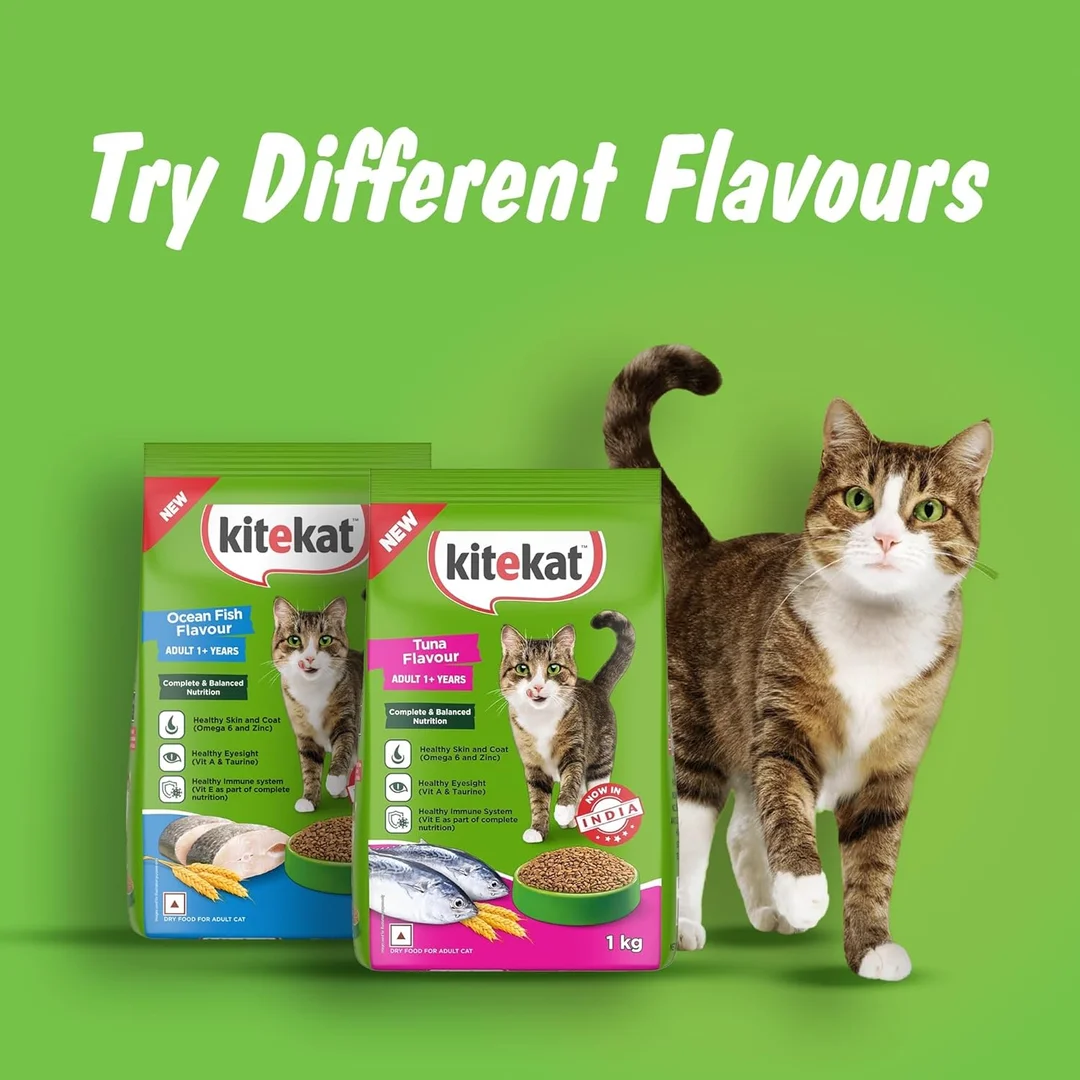 Kitekat Adult Dry Cat Food Ocean Fish Flavour 1kg | Premium Cat Food for All Breeds | Me-O Creamy Treats Tuna & Tomato Flavor 60G image 12
