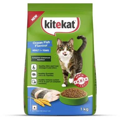 Kitekat Adult Dry Cat Food Ocean Fish Flavour 1kg | Premium Cat Food for All Breeds | Me-O Creamy Treats Tuna & Tomato Flavor 60G thumbnail 0