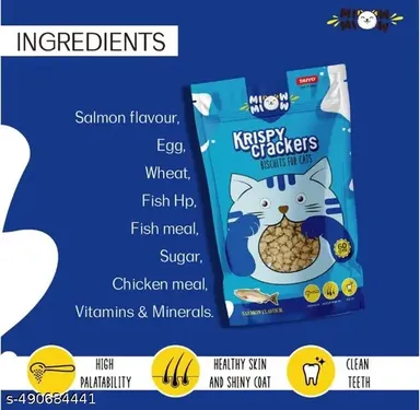 Taiyo Miow Miow Salmon Flavored Krispy Crackers Crunchy Cat Treats for Healthy Skin|Shiny Coat & Clean Teeth |Best Quality Biscuits for All Breeds thumbnail 1