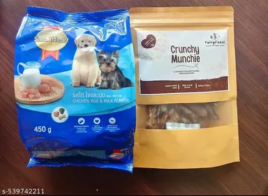 SmartHeart Puppy Dry Dog Food Chicken |Egg & Milk Flavour 450gm |Furry Feast Premium Dehydrated Chicken Dog Treats 100gm| Healthy Skin & Coat|Omega 3 |DHA for All Breeds thumbnail 0