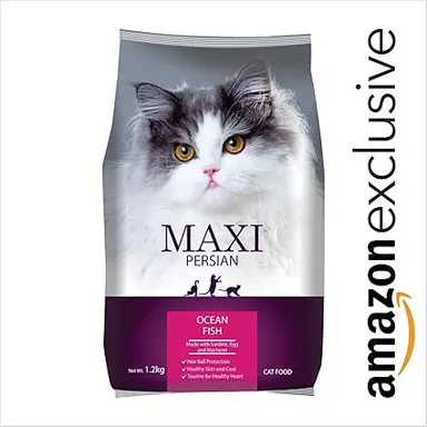 Maxi Persian Dry Cat Food Ocean Fish Flavor 1.2 Kg | Me-O Creamy Crab Cat Treats 60 Gm | Premium Cat Food for All Breeds and Life Stages thumbnail 0