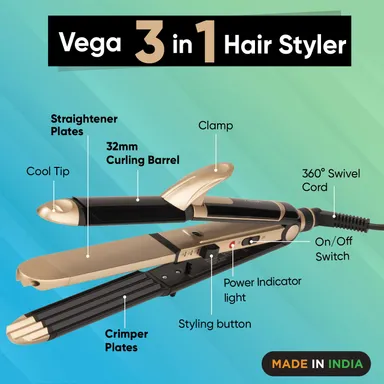 Vega 3 in 1 Hair Styler for Women Straightener Curler Crimper with Ceramic Plates Quick Heat Up for All Hair Types thumbnail 2