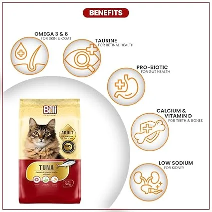 BILLI Cat Food for Adult Cats | Real Tuna, 500g Pack of 2 (1000g) | Me-O Creamy Treats Chicken & Liver Flavour 60g  image 3