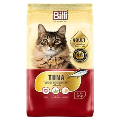 BILLI Cat Food for Adult Cats | Real Tuna, 500g Pack of 2 (1000g) | Me-O Creamy Treats Chicken & Liver Flavour 60g  thumbnail 0