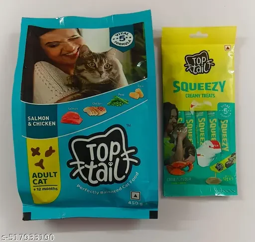 Top Tail Adult Dry Cat Food | 450gm (Above 12 Months) | Premium Salmon & Chicken Dry Cat Food with Toptail Crab Flavour Treats | Squeezy Lickable Creamy Treats for Cats | Best for All Breeds image 1
