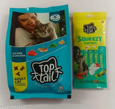 Top Tail Adult Dry Cat Food | 450gm (Above 12 Months) | Premium Salmon & Chicken Dry Cat Food with Toptail Crab Flavour Treats | Squeezy Lickable Creamy Treats for Cats | Best for All Breeds thumbnail 0
