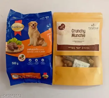 Smart Heart Adult Dry Dog Food Smoked Liver 500gm | Premium Dog Food with Omega 3 & 6 and DHA | Furry Feast Crunchy Munchie Dehydrated Chicken Neck Treats 100gm thumbnail 0