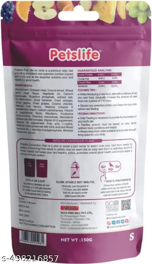 Premium PETSLIFE Fruit Mix Small Pallets Bird Food for Parakeets, Budgerigars, and Finches | 150gm Pellet Diet for Healthy Birds image 3