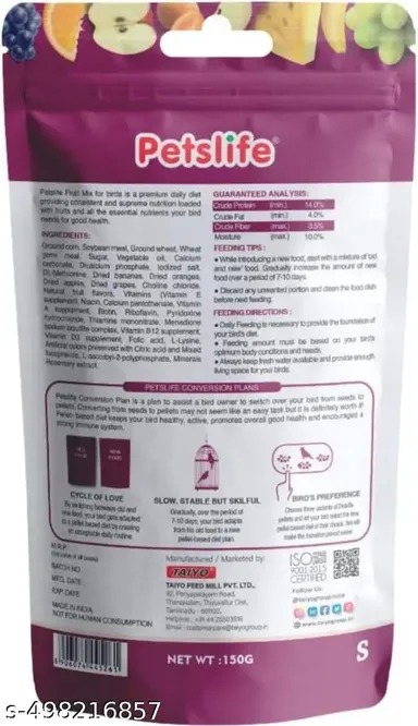 Premium PETSLIFE Fruit Mix Small Pallets Bird Food for Parakeets, Budgerigars, and Finches | 150gm Pellet Diet for Healthy Birds thumbnail 2