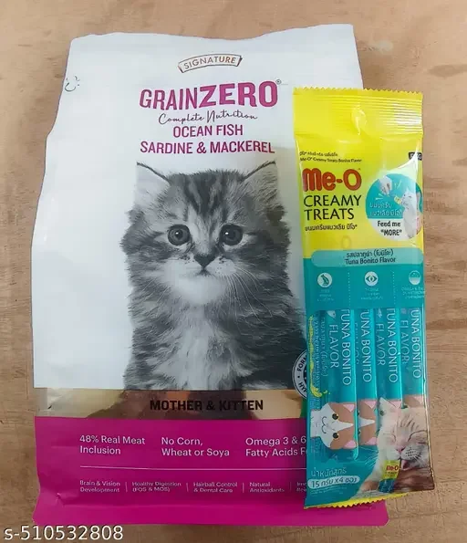 Grain Zero Signature Dry Cat Food, Ocean Fish Flavor, 1.2kg + Me-O Creamy Bonito Cat Treats, 60g Premium Nutrition for Kittens and Mothers image 1
